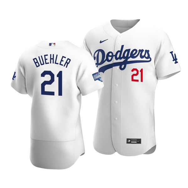 Men's Los Angeles Dodgers #21 Walker Buehler White 2020 World Series Champions Patch Flex Base Sttiched MLB Jersey Men's Los Angeles Dodgers #21 Walker Buehler White 2020 World Series Champions Patch Flex Base Sttiched MLB Jersey